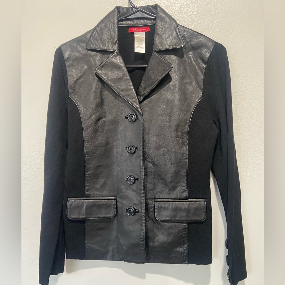 AK ANNE KLEIN Black Cardigan Jacket LEATHER Soft!! PM‎